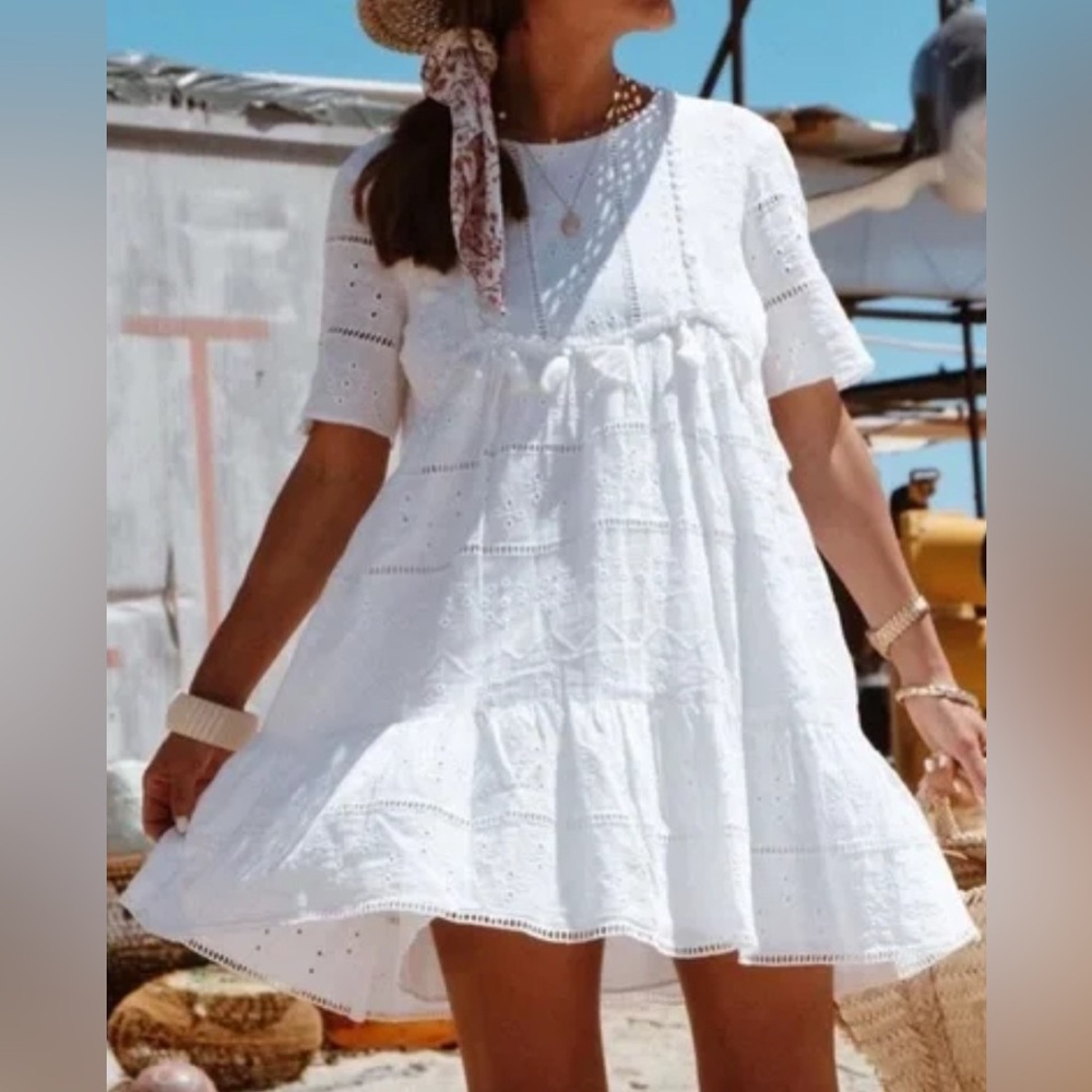 Zara White Eyelet Mini-Boho Dress